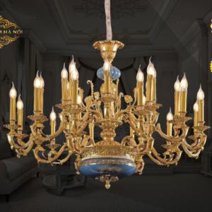 Đèn Chùm Đồng Mạ Vàng Gắn Đá Xanh Hoàng Gia Tân Cổ Điển Châu Âu