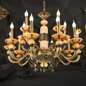 Đèn Chùm Đồng Mạ Vàng Chao Đá Tự Nhiên Tân Cổ Điển Châu Âu Cao Cấp