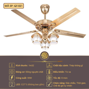 Quạt Trần Đèn Chùm 5 Cánh Inox QT-021 – Sang Trọng Cho Phòng Khách