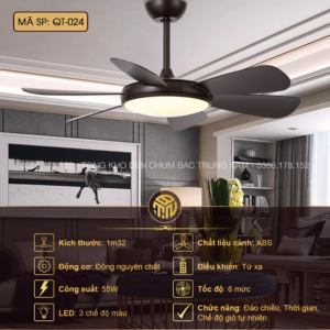 Đèn Quạt Trần Hiện Đại Màu Đen QT-024 – Thiết Kế Tối Giản, Gió Êm