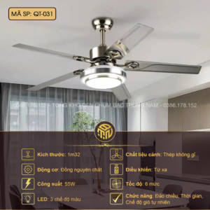 Đèn Quạt Trần Phòng Khách QT-031 – Thiết Kế Hiện Đại, Cánh Thép Không Gỉ