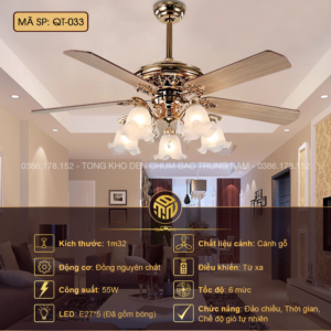 Đèn Quạt Trần Cánh Gỗ Tân Cổ Điển Mạ Vàng 5 Bóng QT-033