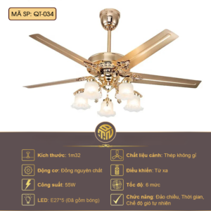Quạt trần đèn chùm cao cấp QT-034 mạ vàng, phong cách tân cổ điển châu Âu