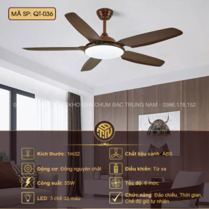 Đèn Quạt Trần Gỗ Hiện Đại QT-036 – LED 55W, Điều Khiển Từ Xa Thông Minh