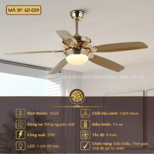 Đèn Quạt Trần Tân Cổ Điển QT-039 – Cánh Nhựa Cao Cấp, Điều Khiển Từ Xa