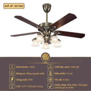 Đèn Quạt Trần Gỗ QT-042 Tân Cổ Điển – 5 Cánh Gỗ, 5 Bóng E27, Điều Khiển Từ Xa