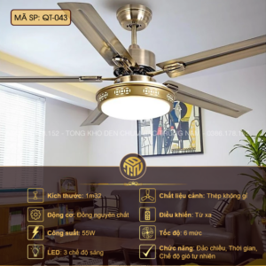 Quạt Trần Kết Hợp Đèn QT-043 5 Cánh Thép Không Gỉ – Phòng Khách Sang Trọng