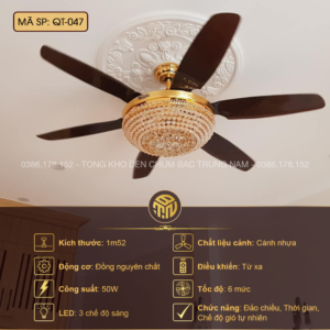 Quạt Trần Đèn Chùm Pha Lê QT-047 5 Cánh – Tuyệt Tác Hoàng Gia Cho Phòng Khách