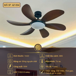 Quạt Trần Đèn 5 Cánh Gỗ QT-054 – Sải 1m22, Remote 6 Tốc Độ, LED 3 Chế Độ, Đảo Chiều Gió