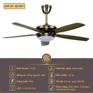 Quạt Trần Đèn 6 Cánh ABS Màu Đồng Cổ QT-057 – LED 3 Chế Độ, Điều Khiển Từ Xa