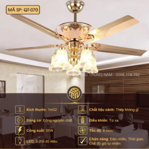 Quạt Trần Đèn Tân Cổ Điển Mạ Vàng 5 Cánh Thép Không Gỉ QT-070 – LED 3 Chế Độ, Điều Khiển Từ Xa