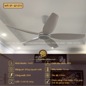 Quạt Trần 3 Cánh ABS Hiện Đại QT-073 – Sải Cánh 1m52, Remote 6 Tốc Độ, Đảo Chiều Gió