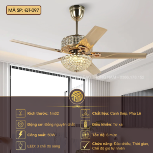 Quạt Trần Đèn Pha Lê Cao Cấp QT-097 Cánh Thép 5 Cánh – Động Cơ Đồng, LED 3 Chế Độ