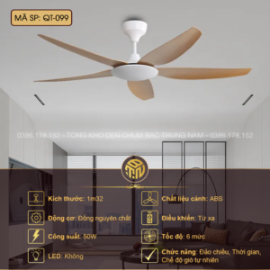 Quạt Trần Hiện Đại Tông Trắng Gỗ QT-099 – 1m32, Đảo Chiều Gió