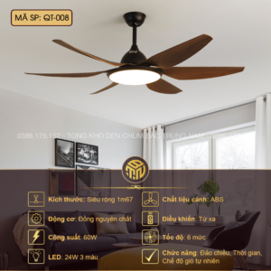 Quạt Trần Đèn LED Cánh Vân Gỗ QT-008 – Hiện Đại, Gió Êm, Tiết Kiệm Điện