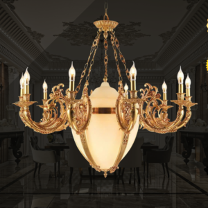 Đèn Chùm Đồng Mạ Vàng Cổ Điển Chao Đá Sữa Sang Trọng