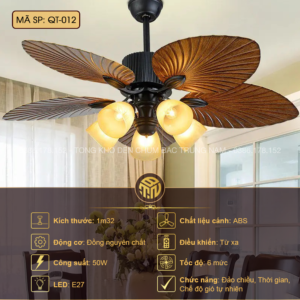 Đèn Quạt Trần Cánh Lá Vân Gỗ Cổ Điển QT-012