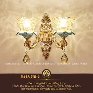 Đèn Tường Gốm Hoa Hồng 2 Tay Mạ Vàng Cao Cấp