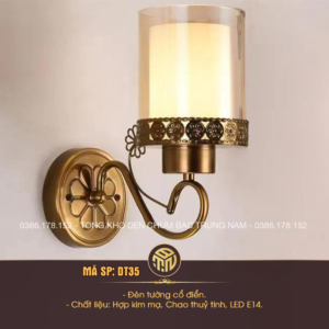 Đèn Tường Cổ Điển Chao Thủy Tinh Trụ Mạ Đồng
